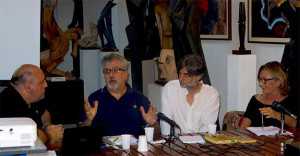 Michael Sfaradi (primo a sinistra) durante la conferenza tenuta a Ferrara alla galleria Mario Piva, con Andrea Rossi, Sergio Gessi, Monica Forti