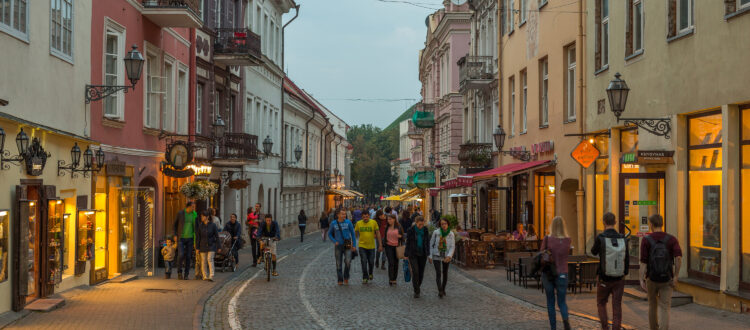 Pilies Street at dusk, Vilnius, Lithuania